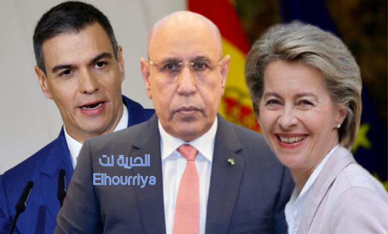 من اليمبن: رئيسة المفوضية الأوروبية، الرئيس الموريتاني، رئيس الوزراء الإسباني
