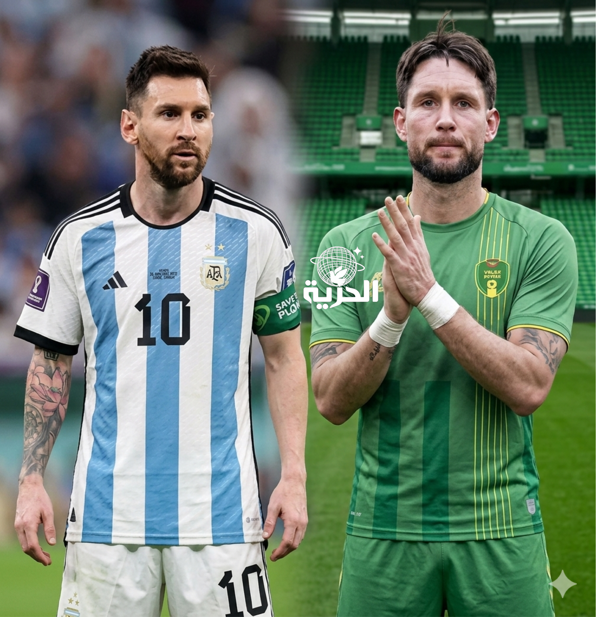 من اليمين مدافع منتخب المرابطون جوردان لوفر مسجل الهدف، والنجم الأرجنتيني ليونيل ميسي